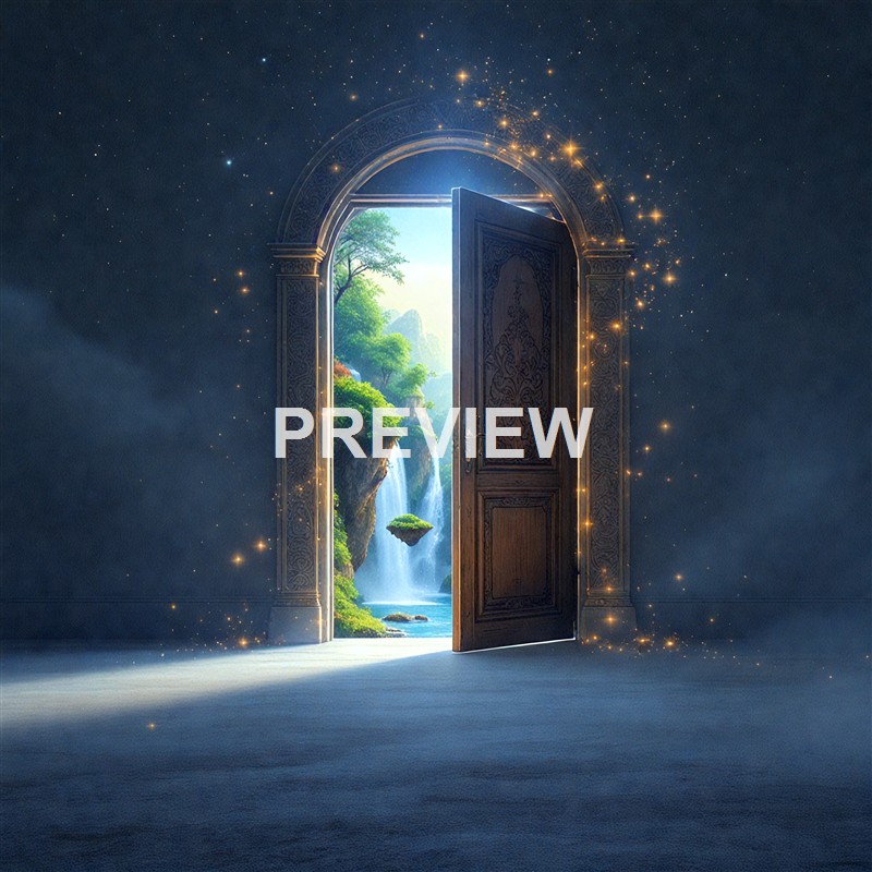 An intricately carved wooden door opens to reveal a lush, vibrant landscape with waterfalls, green trees, and mountains under a bright sky, surrounded by sparkling light effects.